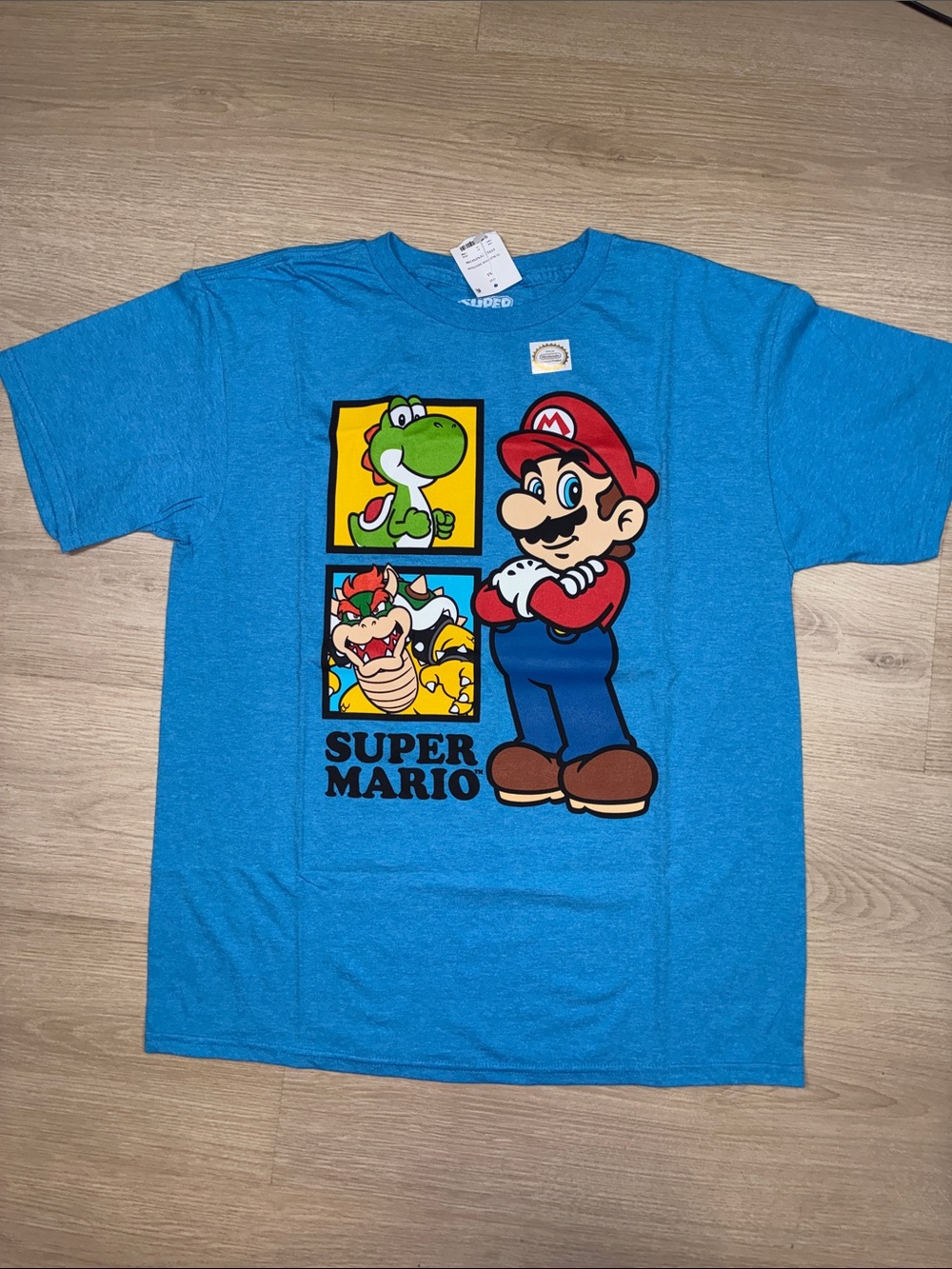 NEW Nintendo Super Mario Blue Graphic Tee with Mario, Yoshi & Bowser